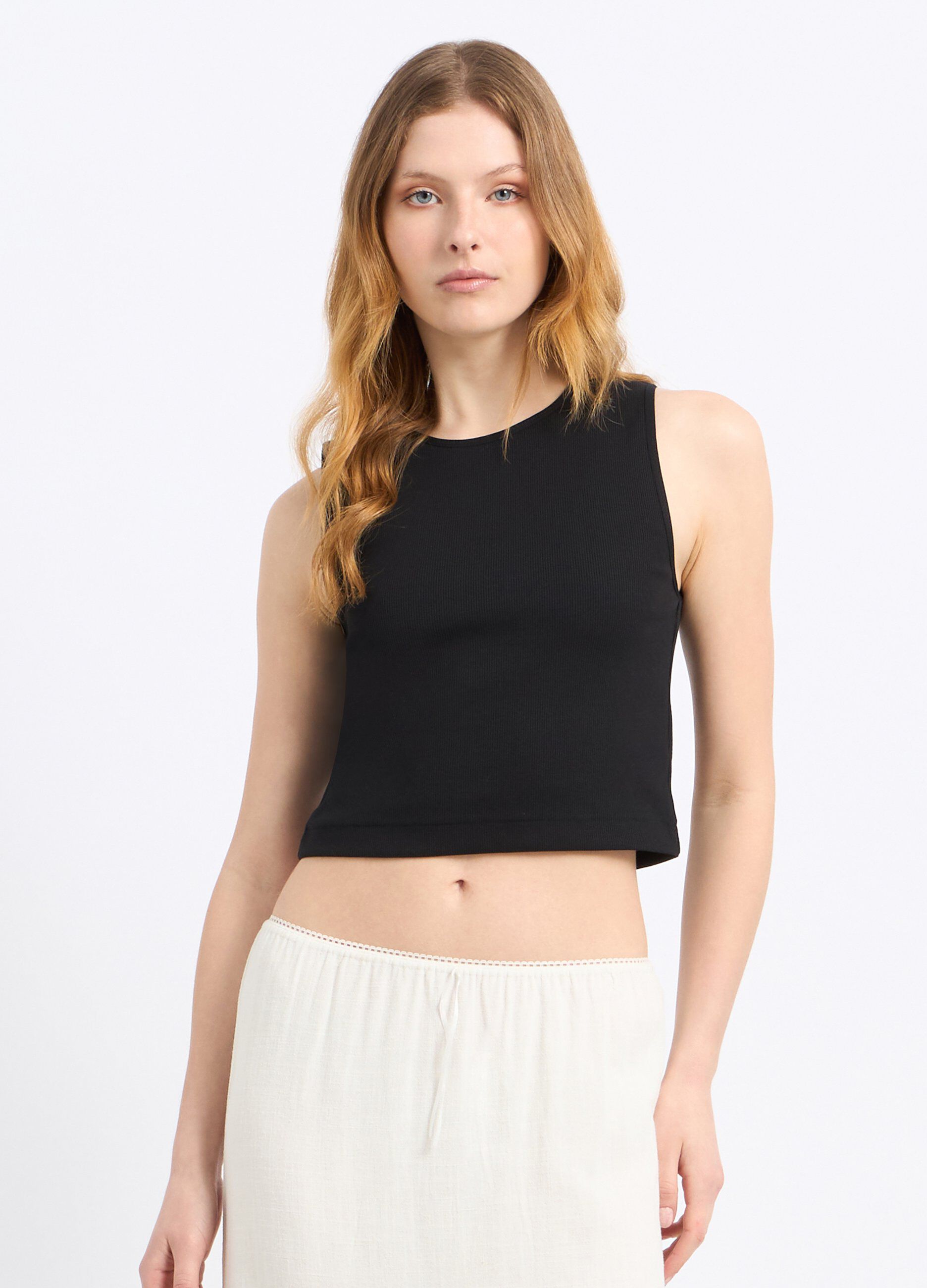 Top cropped in costina di cotone stretch donna_0