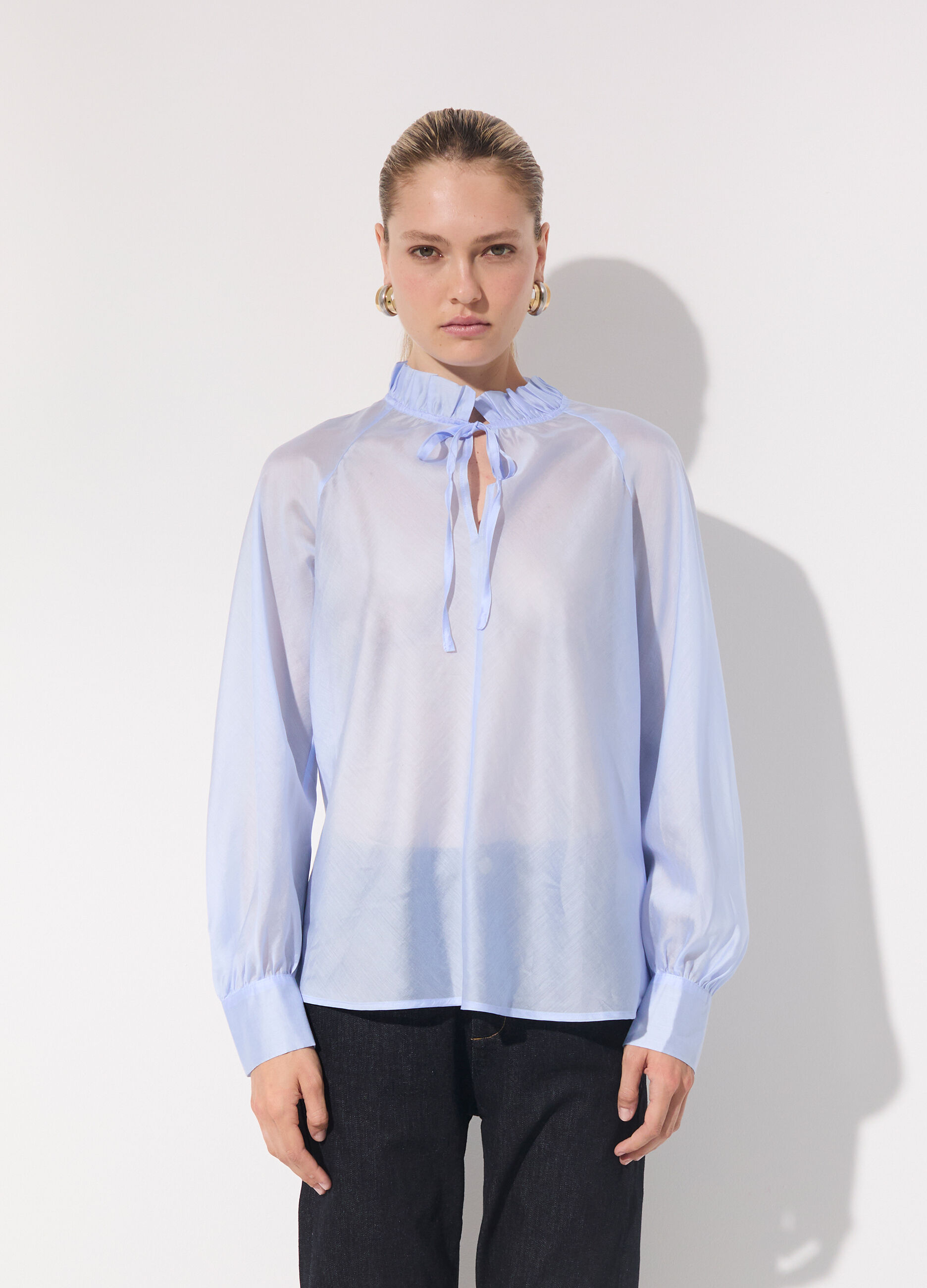 Blusa in misto lyocell con colletto ruffle donna_1