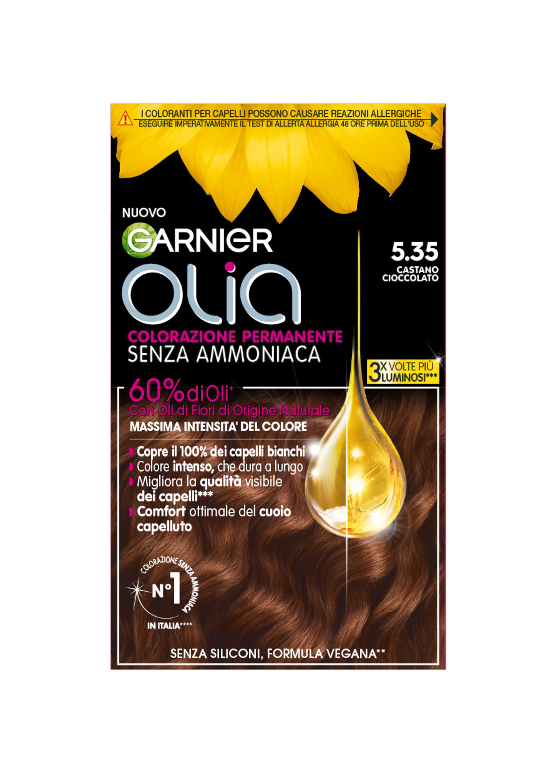 Garnier Tinta Capelli Olia, Colorazione permanente senza ammoniaca, copre il 100% dei capelli bianchi, Con oli di fiori di origine naturale, Castano Cioccolato (5.35)._0