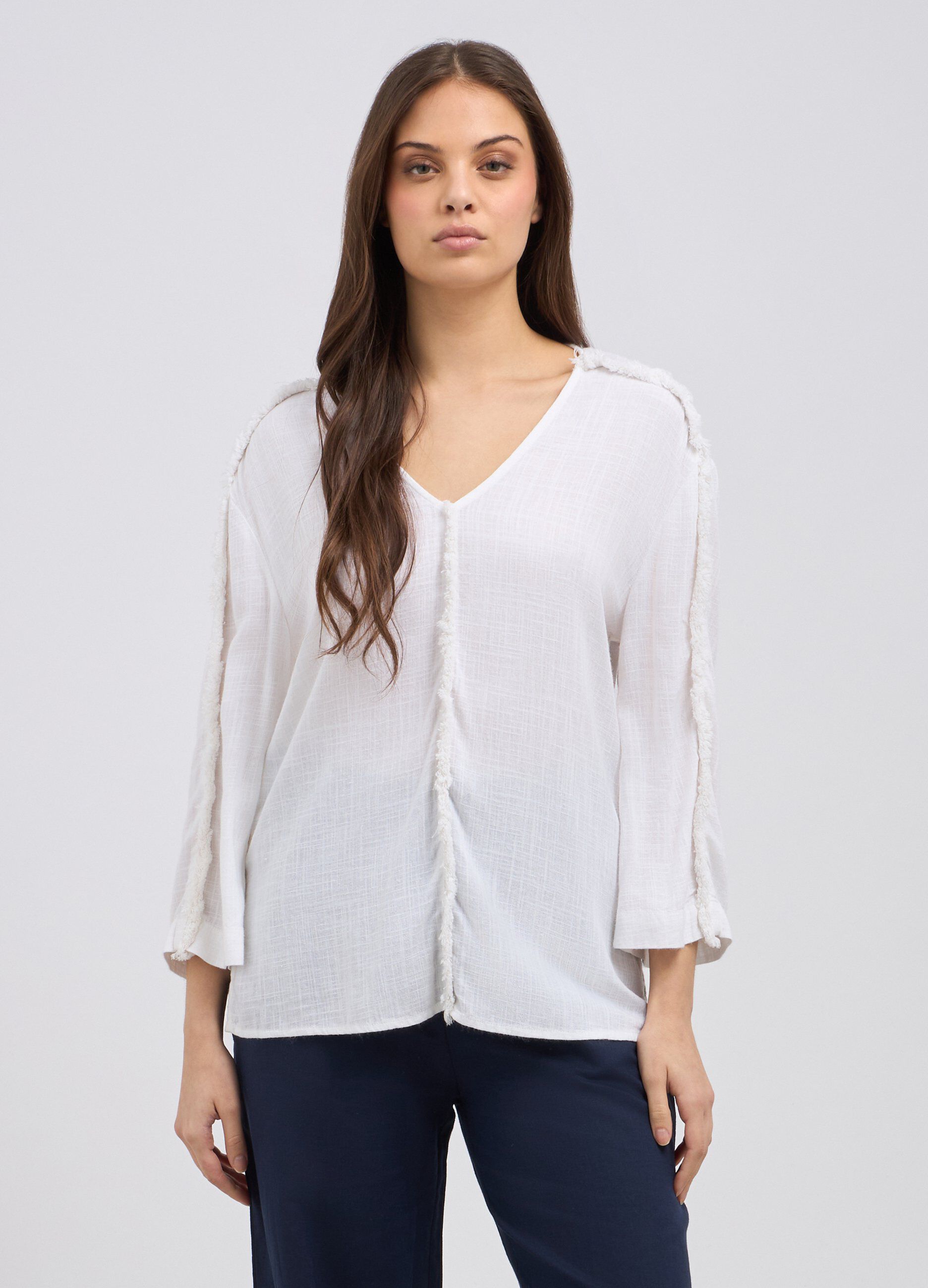 Blusa in misto lino sfrangiata donna_0