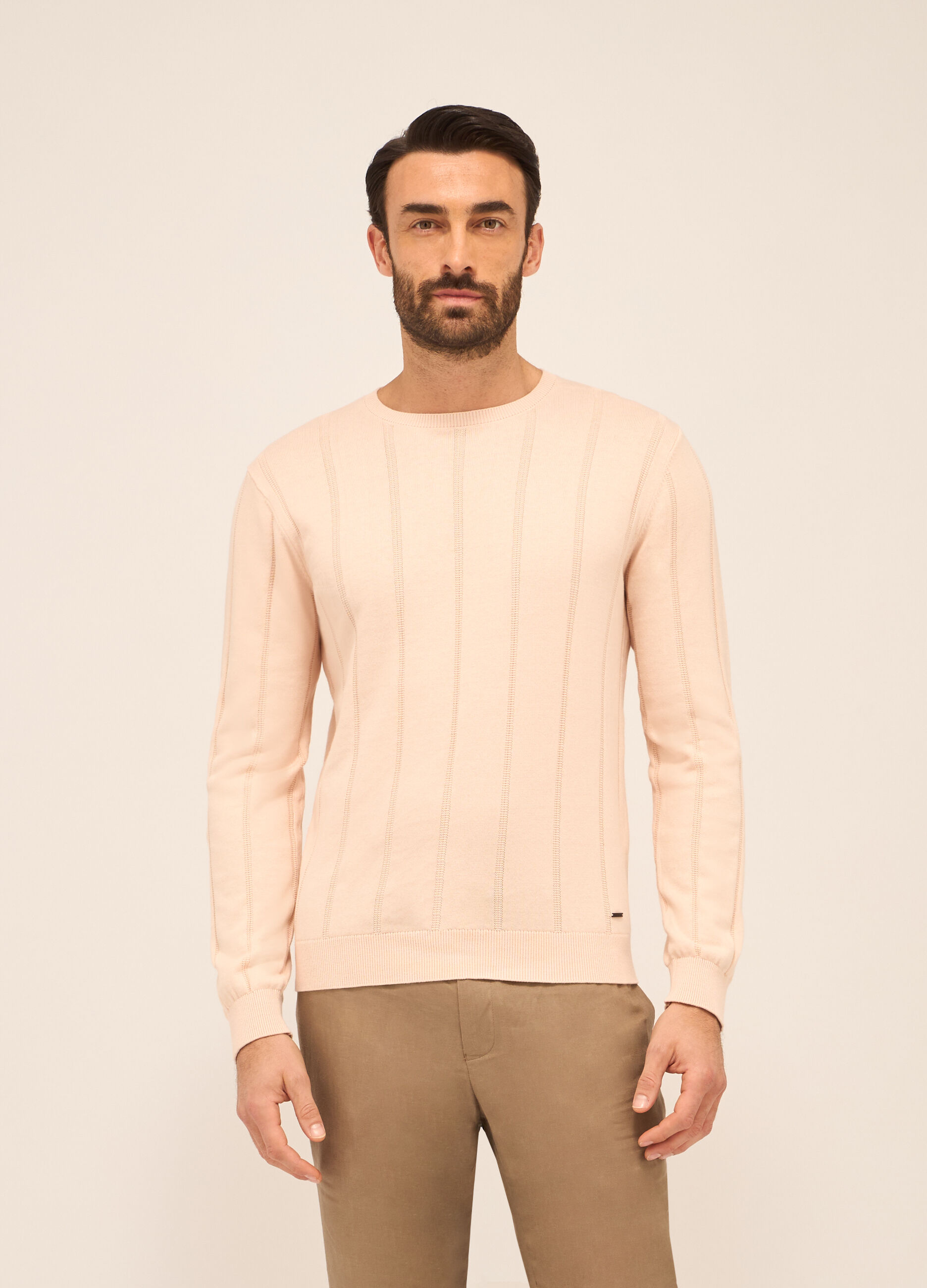 Maglione girocollo a costa operata in puro cotone uomo_0