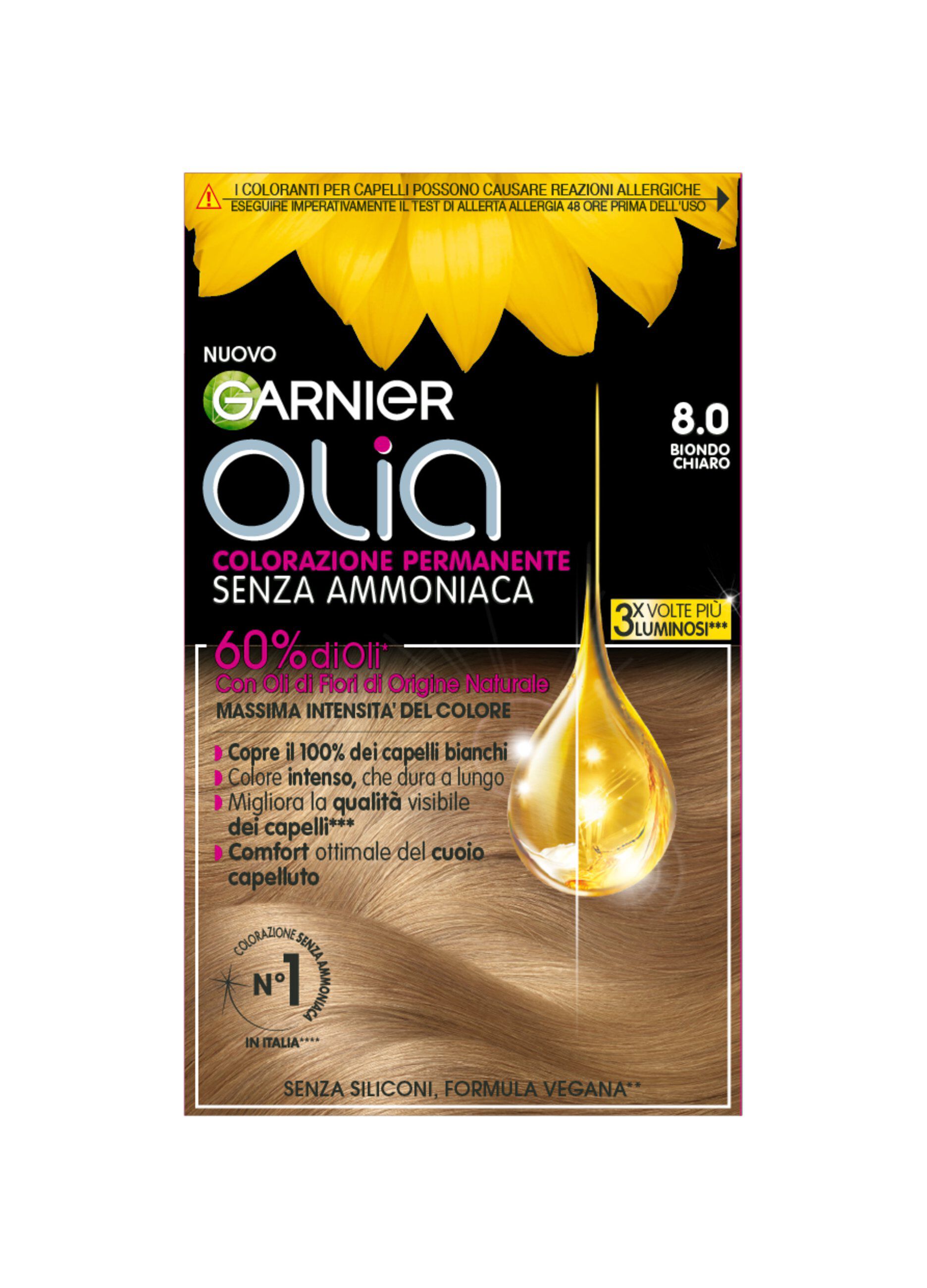 Garnier Tinta Capelli Olia, Colorazione permanente senza ammoniaca, copre il 100% dei capelli bianchi, Con oli di fiori di origine naturale, Biondo Chiaro (8.0)._0