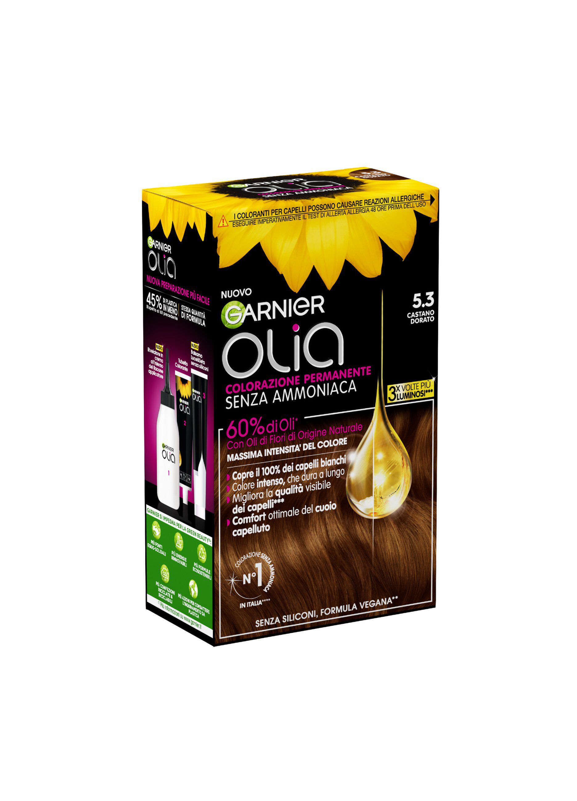 Garnier Tinta Capelli Olia, Colorazione permanente senza ammoniaca per una fragranza delicata, copre il 100% dei capelli bianchi, Con oli di fiori di origine naturale, Castano Dorato (5.3)._1