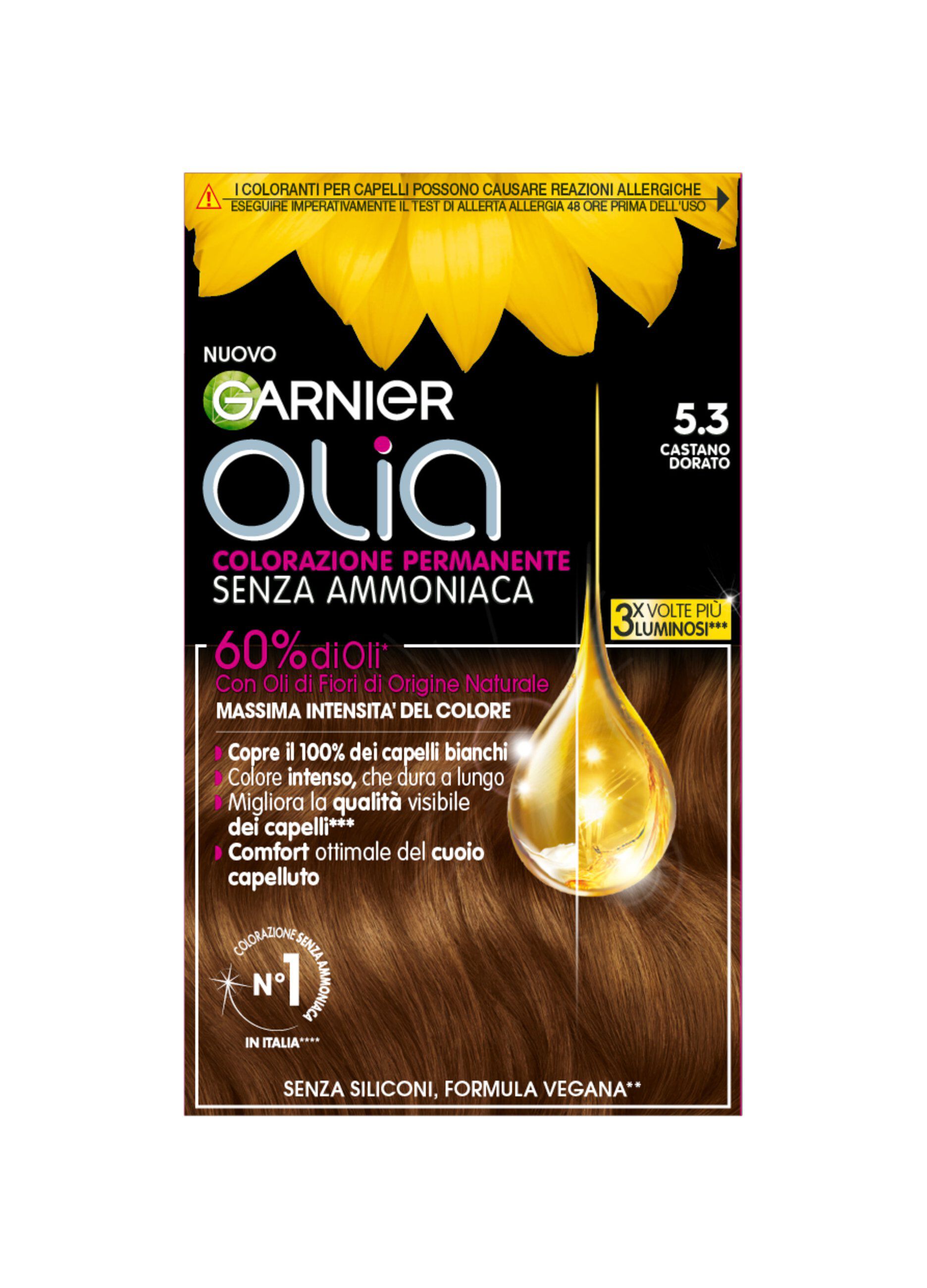 Garnier Tinta Capelli Olia, Colorazione permanente senza ammoniaca per una fragranza delicata, copre il 100% dei capelli bianchi, Con oli di fiori di origine naturale, Castano Dorato (5.3)._0