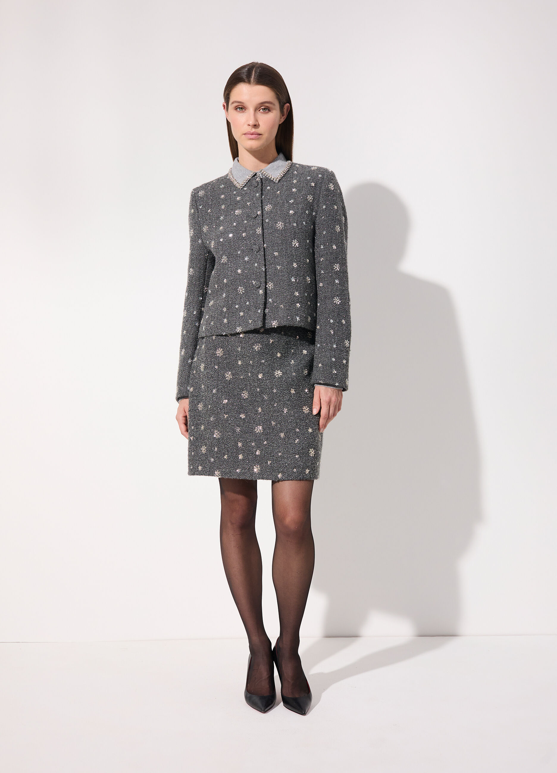 Gonna corta in bouclé di misto lana donna_0