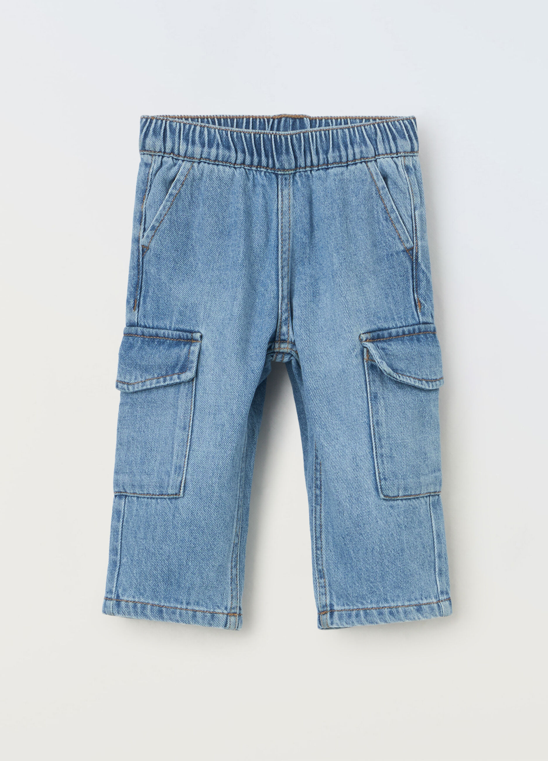 Pantaloni cargo in denim di misto cotone neonato_0