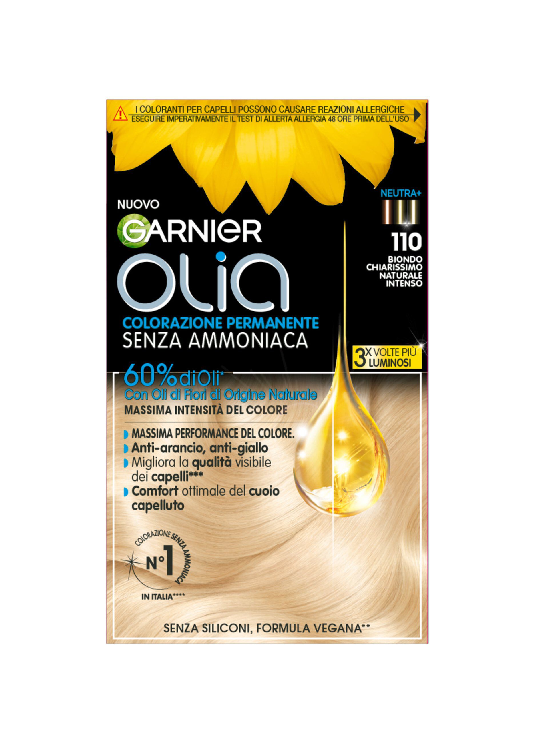 Garnier Tinta Capelli Olia, Colorazione permanente senza ammoniaca per una fragranza delicata, copre il 100% dei capelli bianchi, Con oli di fiori di origine naturale, Biondo Chiarissimo Naturale Intenso (110)._0