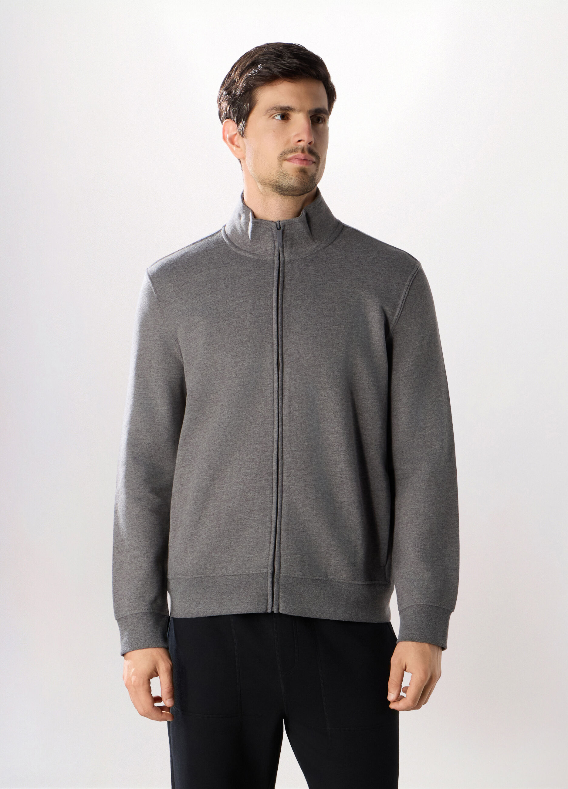 Felpa lupetto con zip in misto cotone uomo_0