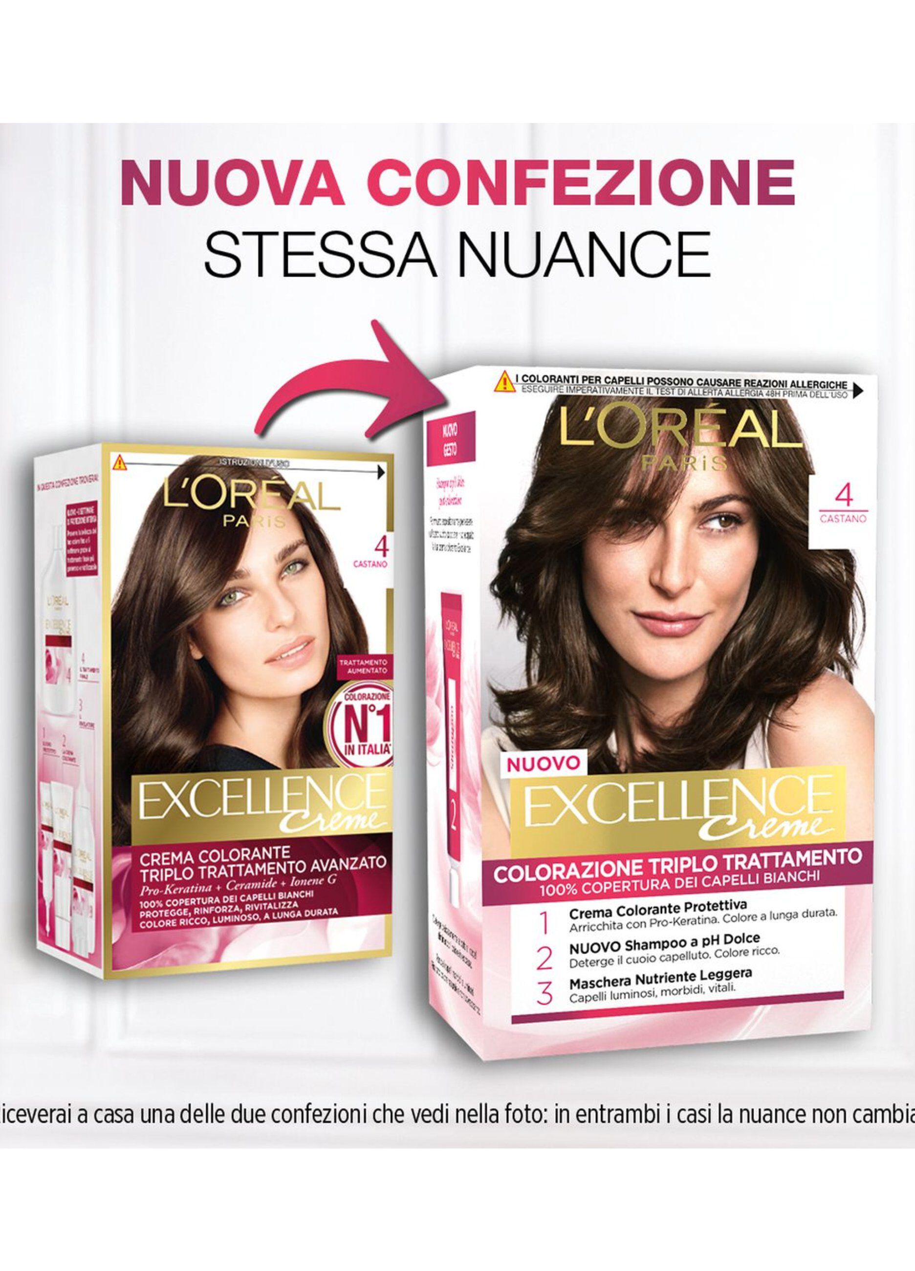 L'Oréal Paris Tinta Capelli Excellence, Copre i capelli bianchi, colore ricco, luminoso e a lunga durata, 4 Castano._1