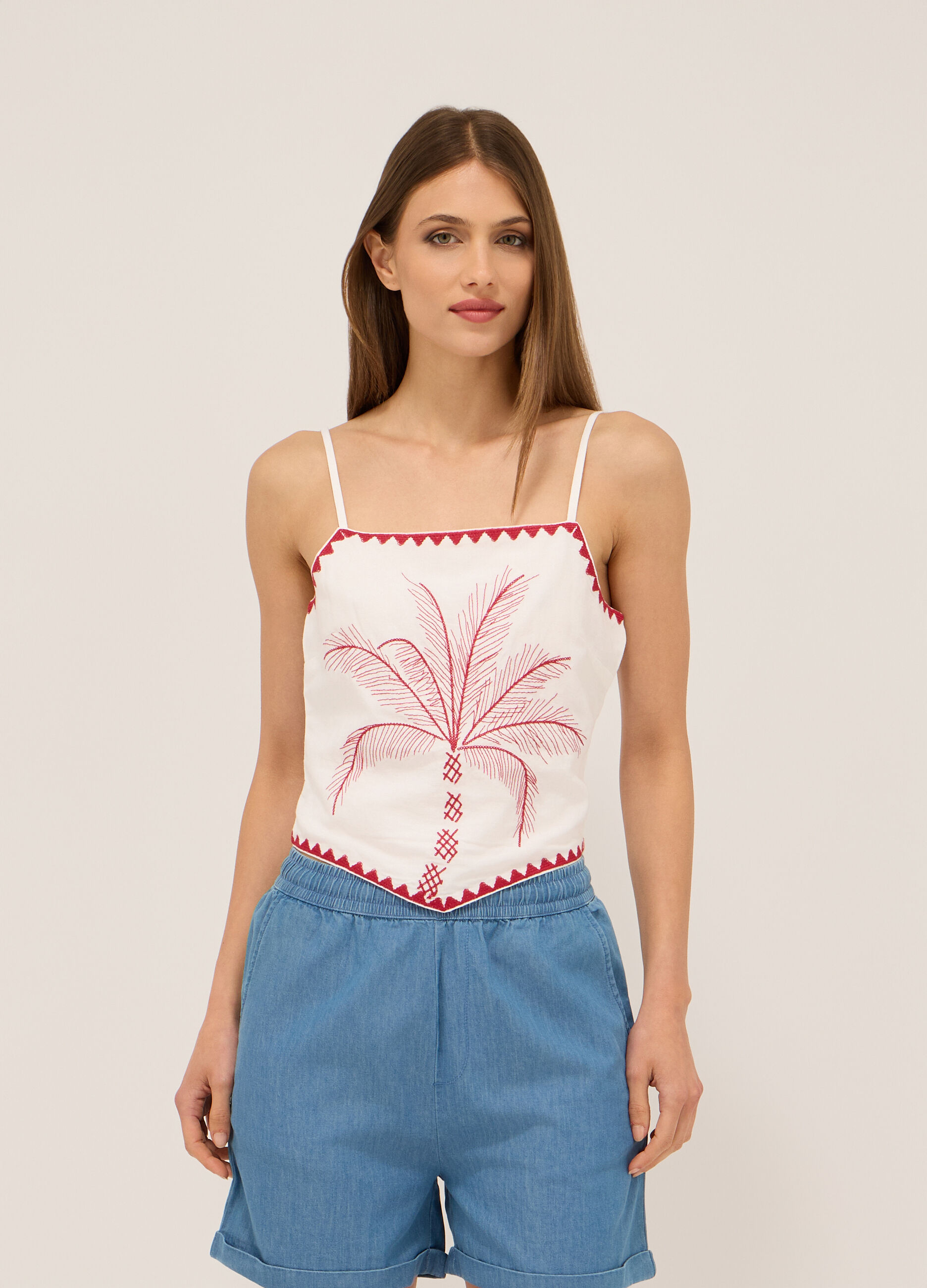 Top misto lino con ricami donna_0