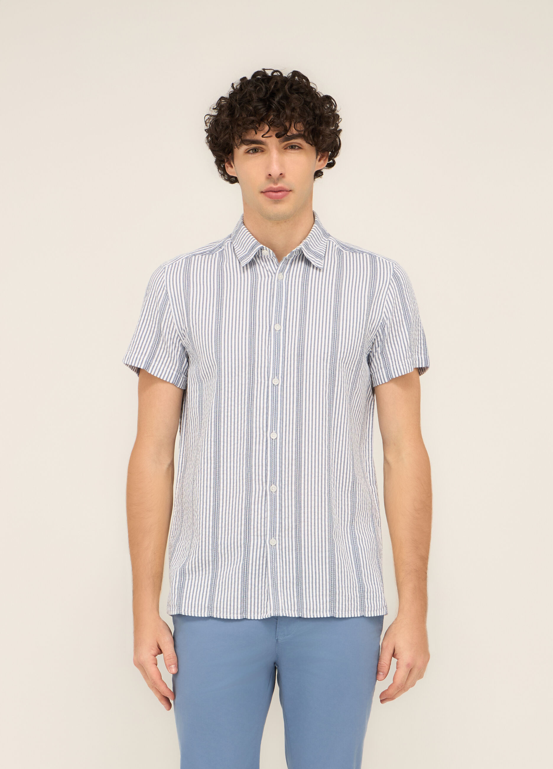 Camicia a maniche corte in cotone a righe uomo_0