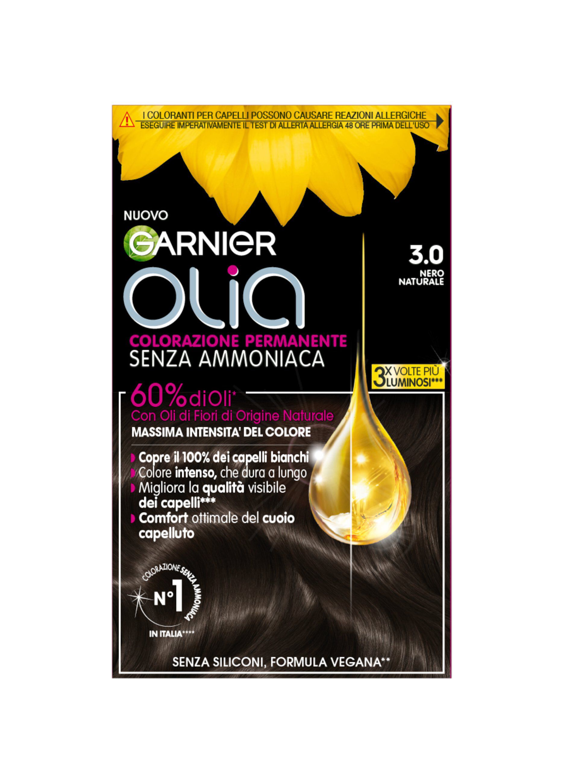 Garnier Tinta Capelli Olia, Colorazione permanente senza ammoniaca per una fragranza delicata, copre il 100% dei capelli bianchi, Con oli di fiori di origine naturale, Nero Naturale (3.0)._0