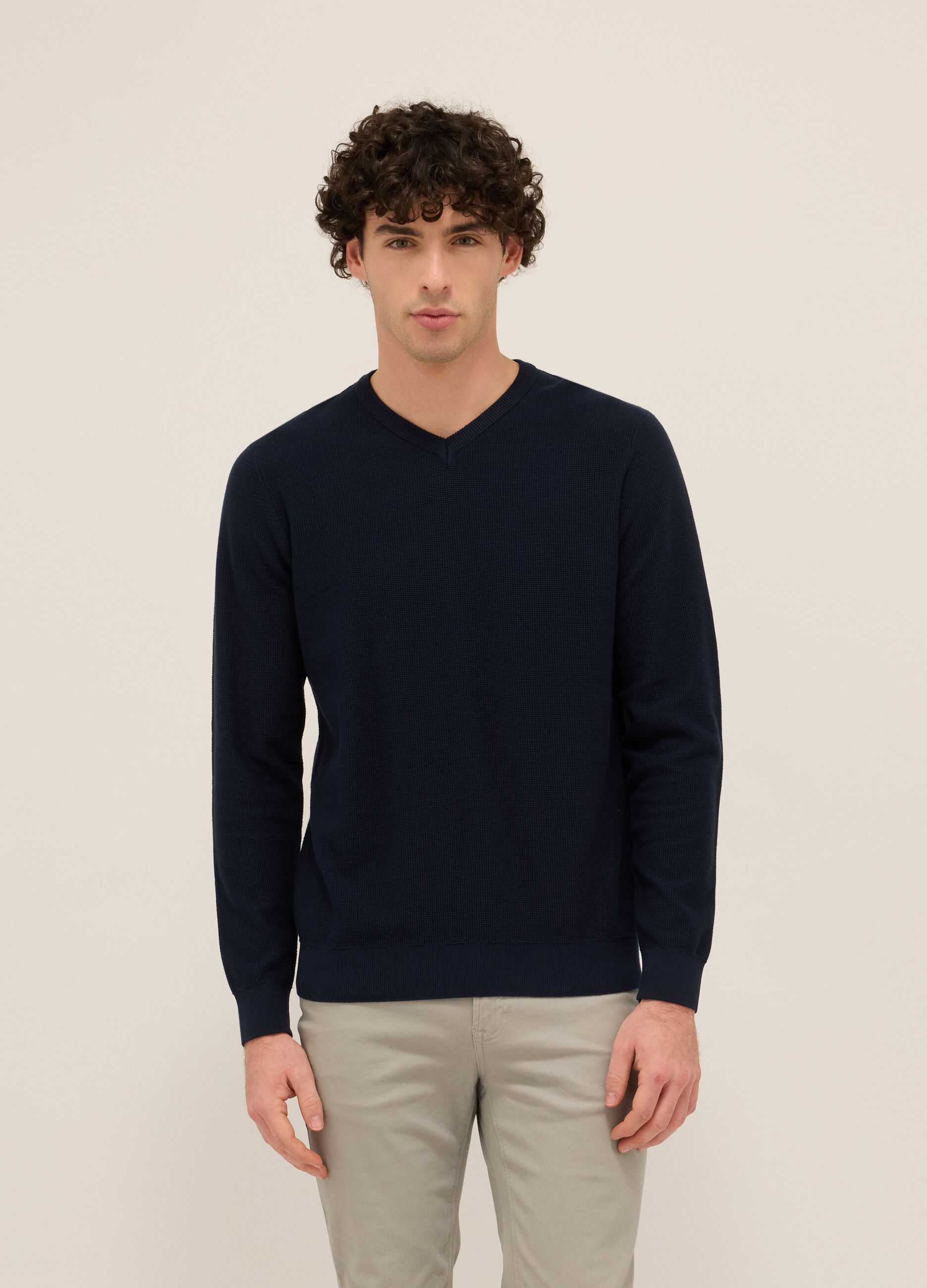 Maglione collo a V in puro cotone uomo_0