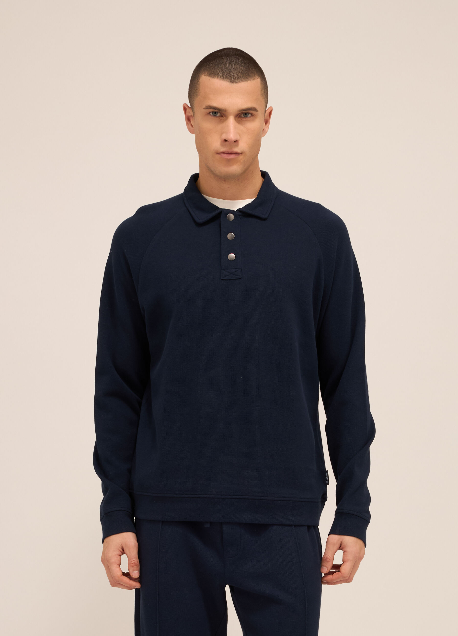 Felpa stile polo a maniche lunghe in puro cotone uomo_0