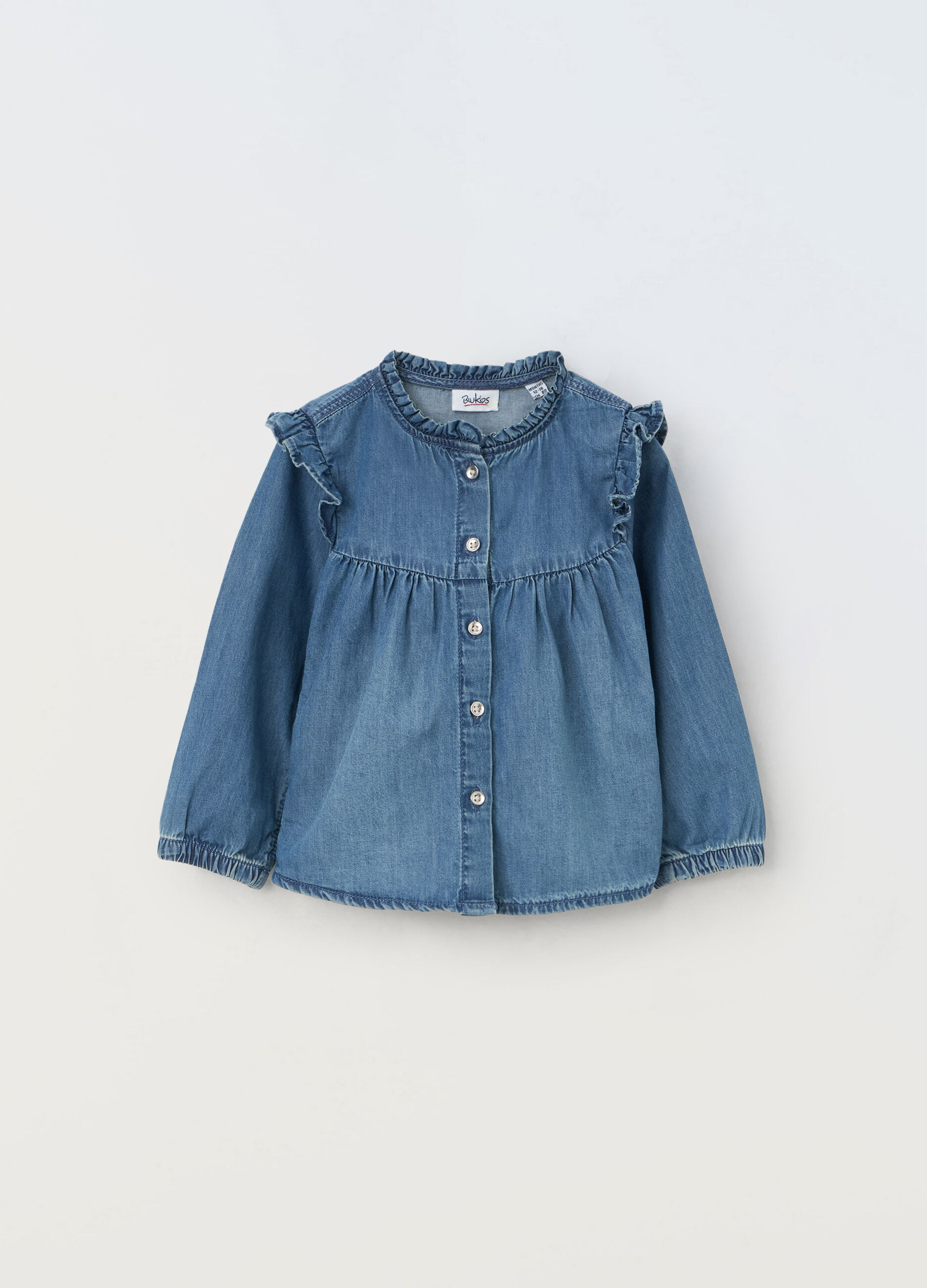 Camicia in denim di puro cotone con rouches neonata_0