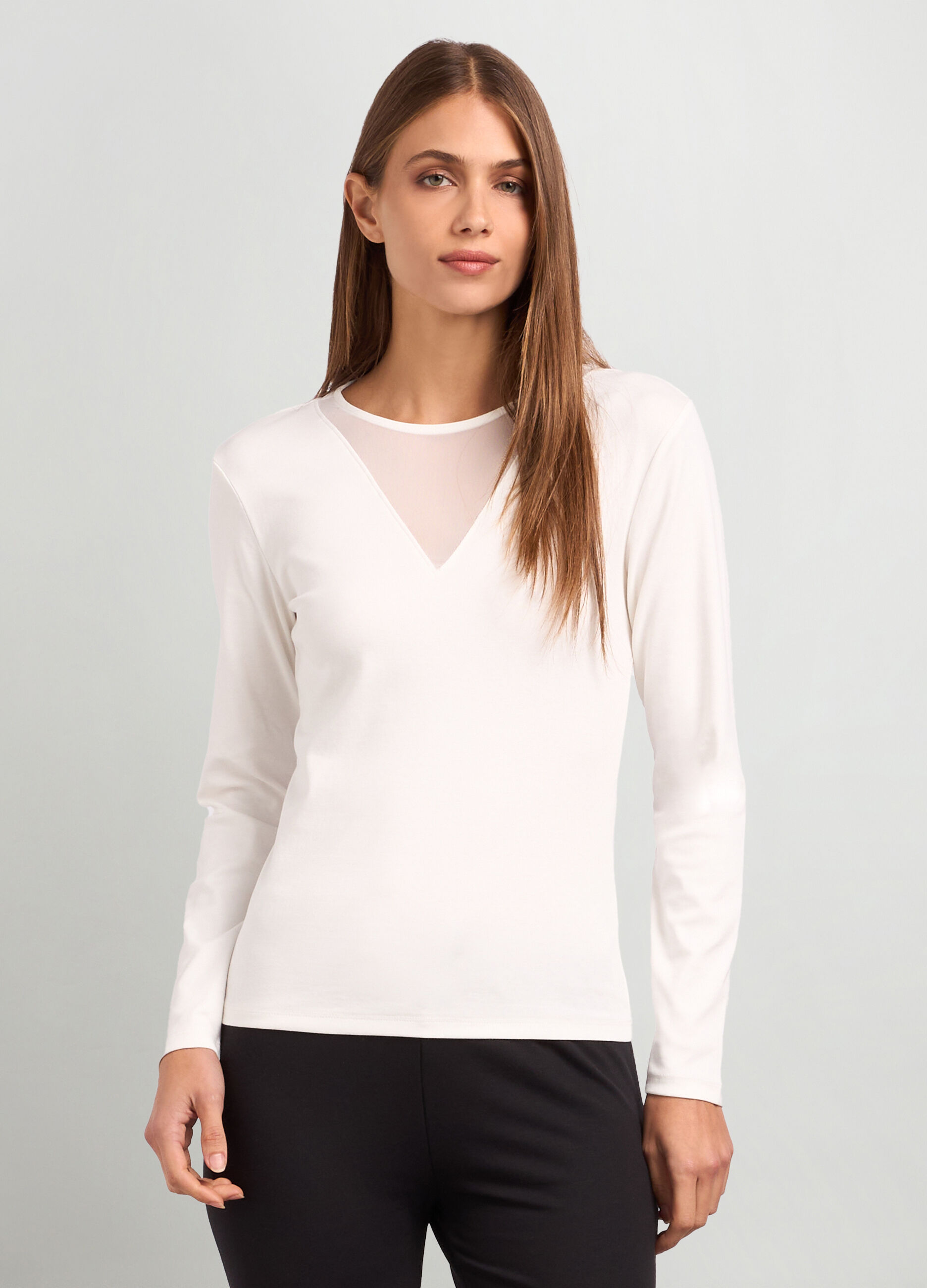 T-shirt on cotone stretch con inserto donna_0