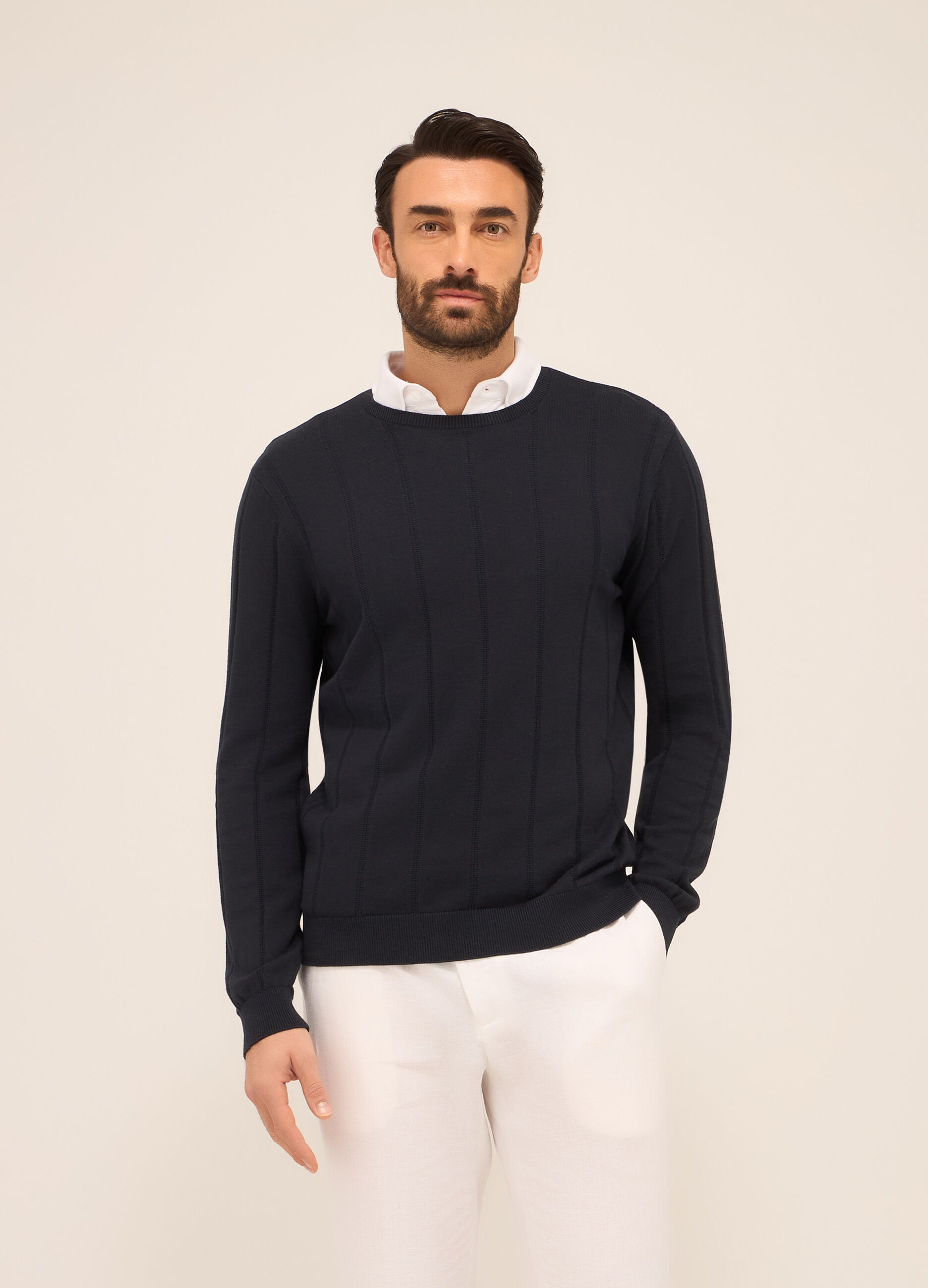 Maglione girocollo in cotone a costa larga uomo_0