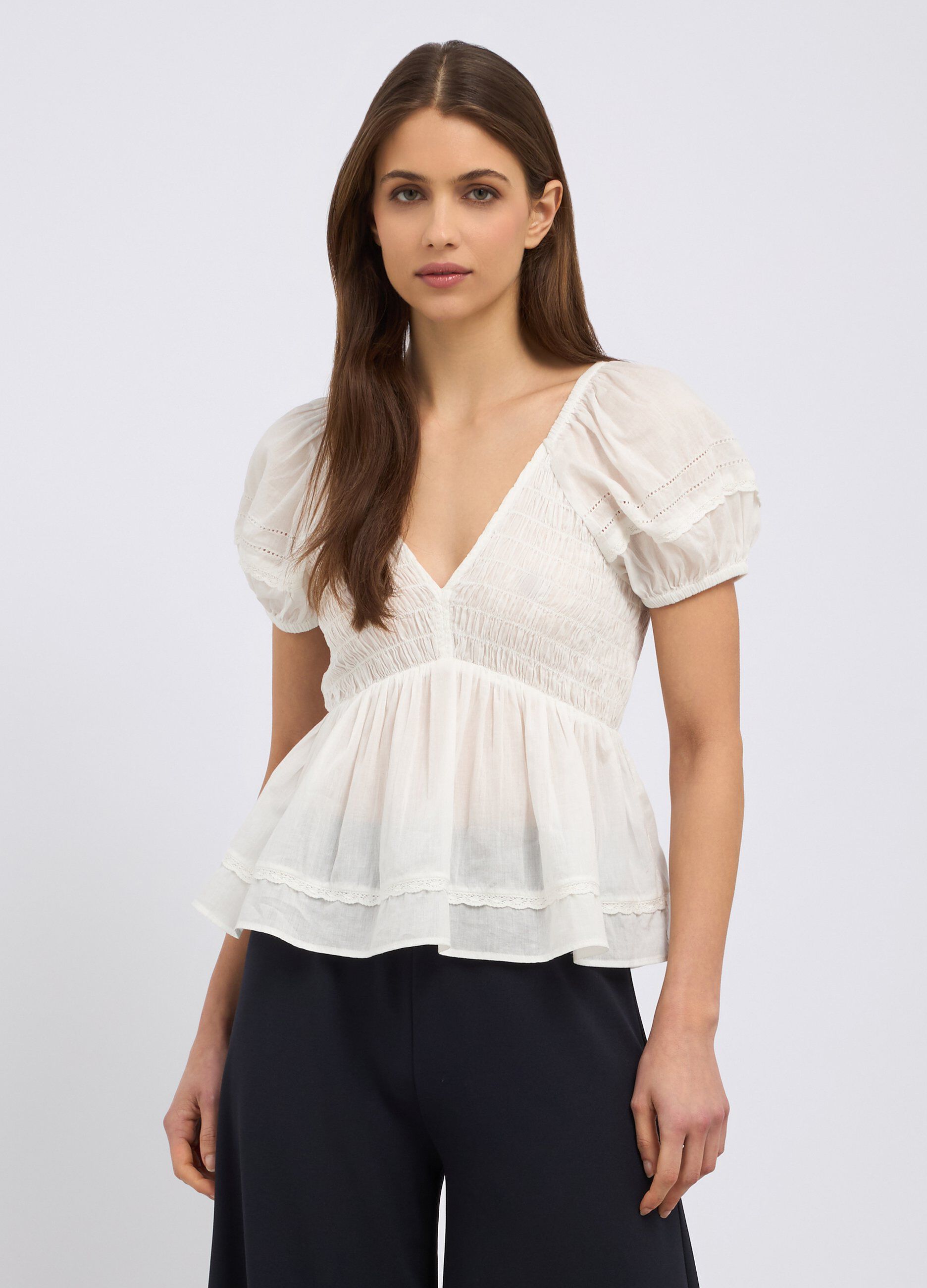 Blusa in puro cotone con punto smock donna_0