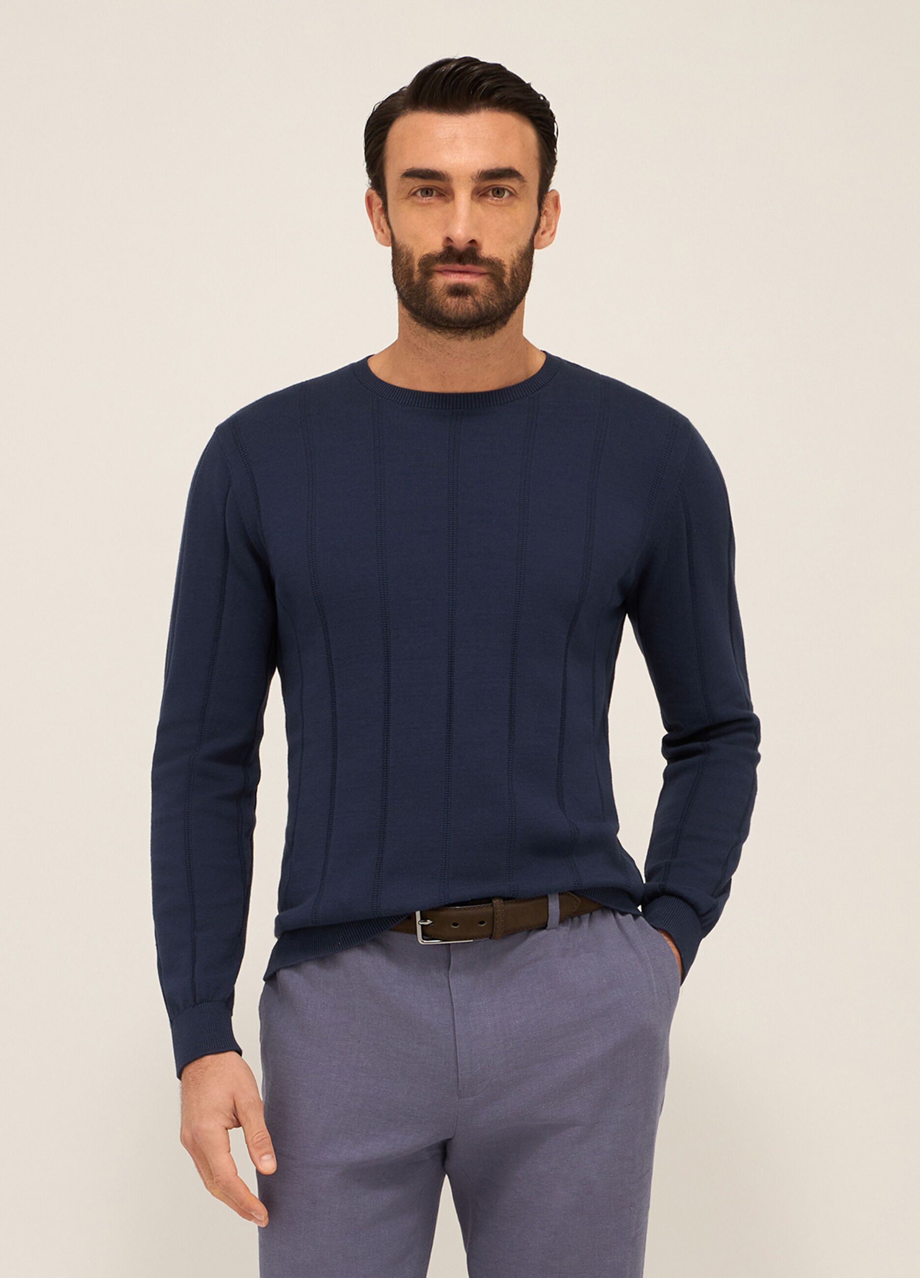 Maglione girocollo in cotone a costa larga uomo_0