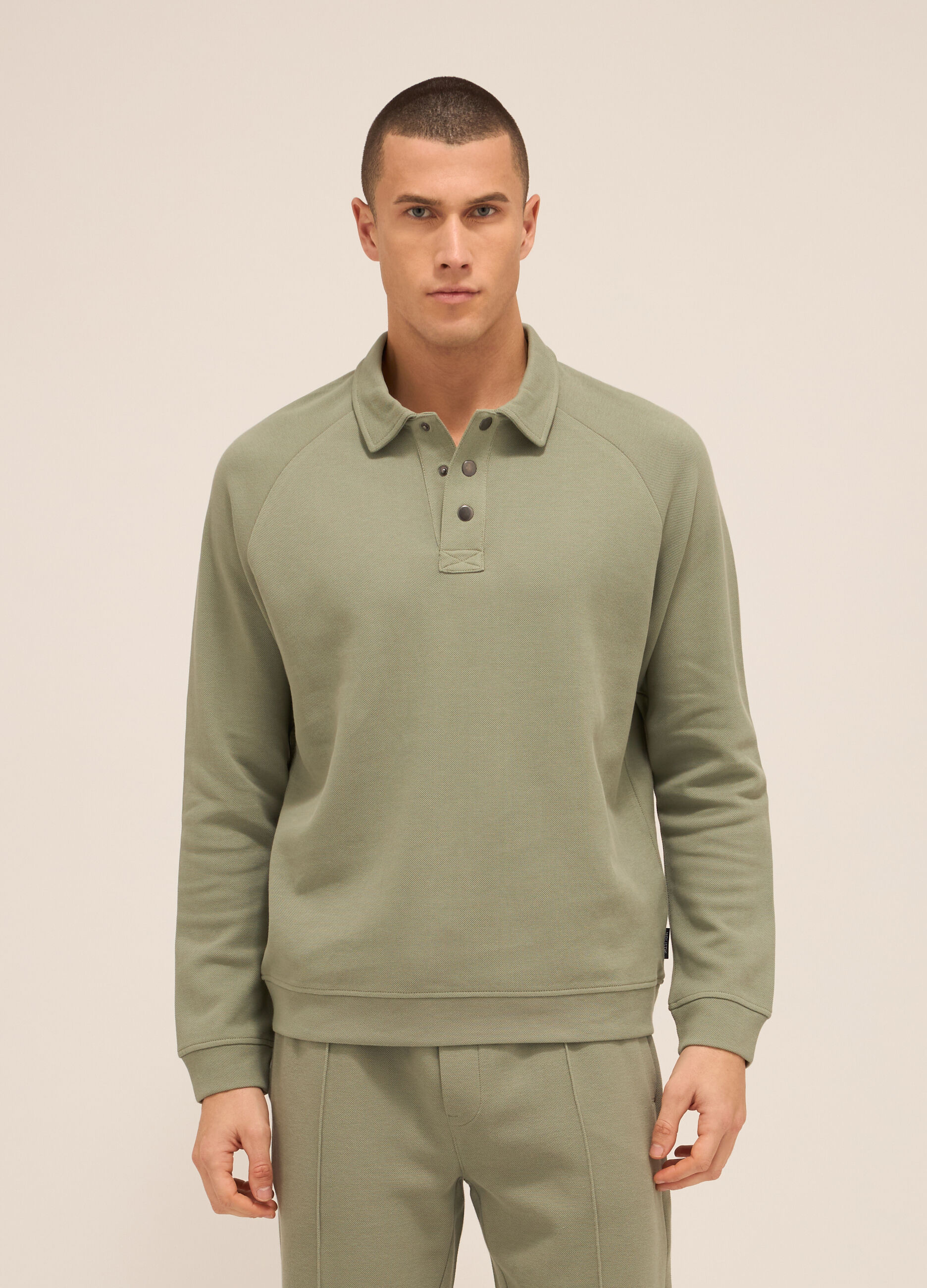 Felpa stile polo a maniche lunghe in puro cotone uomo_0
