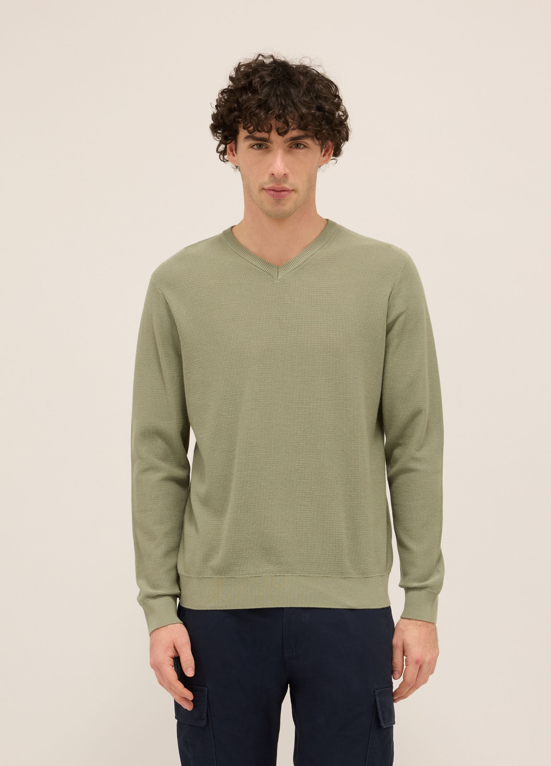 Maglione collo a V in puro cotone uomo_0