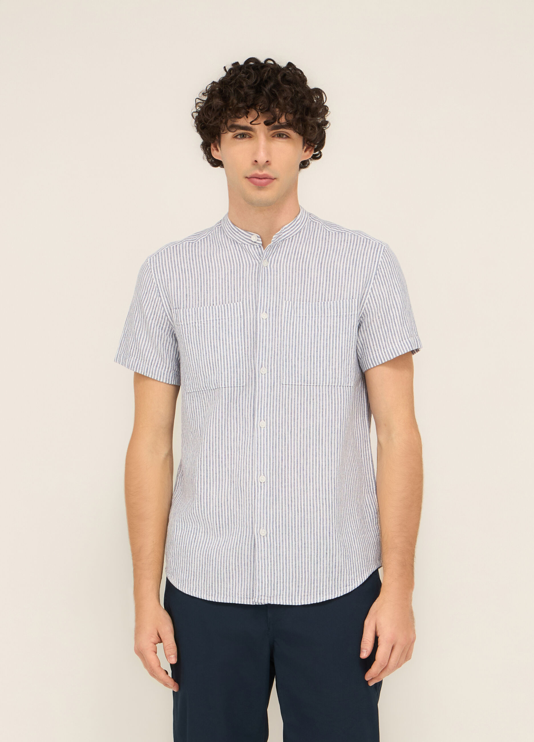 Camicia a maniche corte in cotone e lino uomo_0