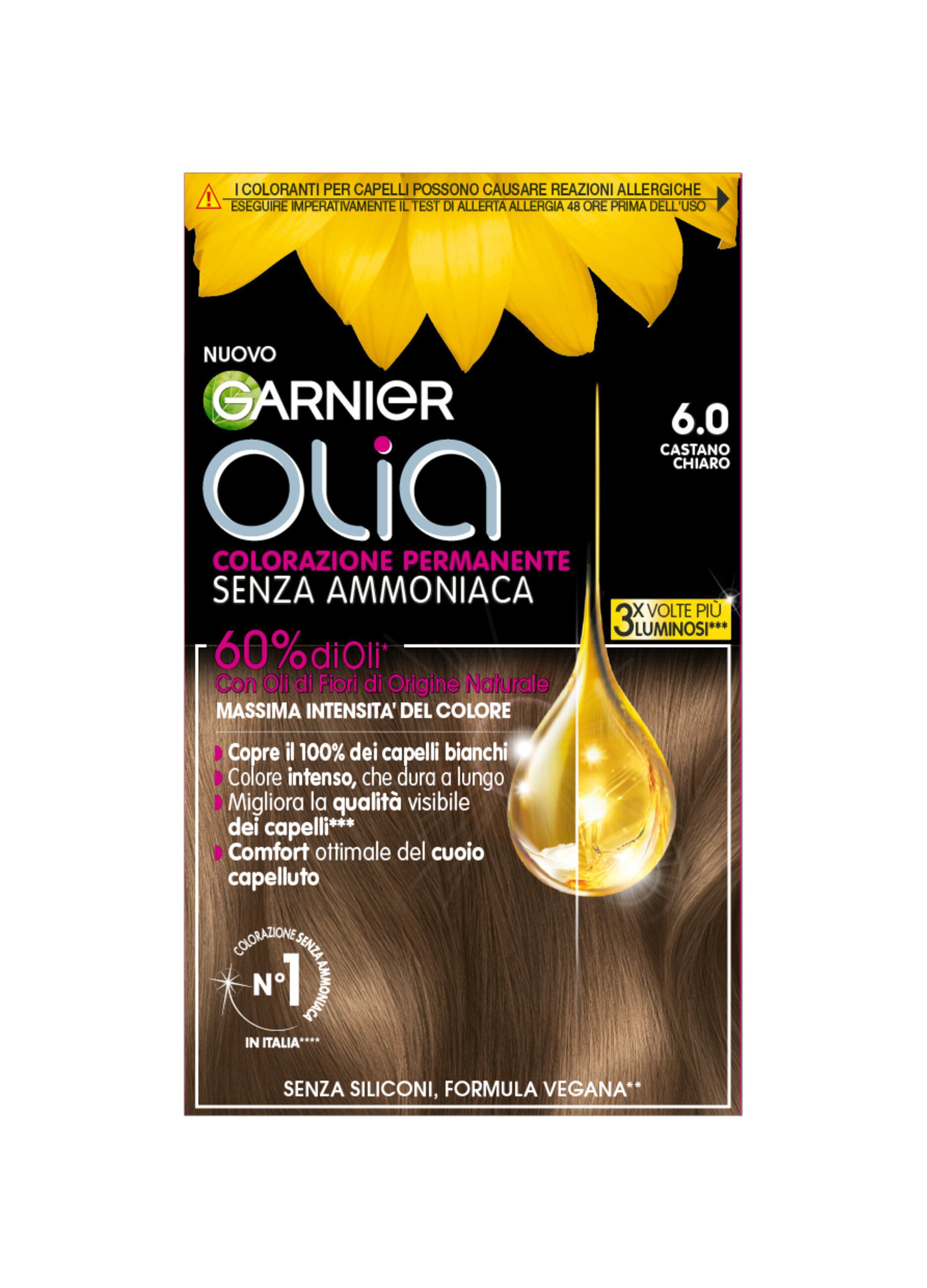 Garnier Tinta Capelli Olia, Colorazione permanente senza ammoniaca, copre il 100% dei capelli bianchi, Con oli di fiori di origine naturale, Castano Chiaro (6.0)._0