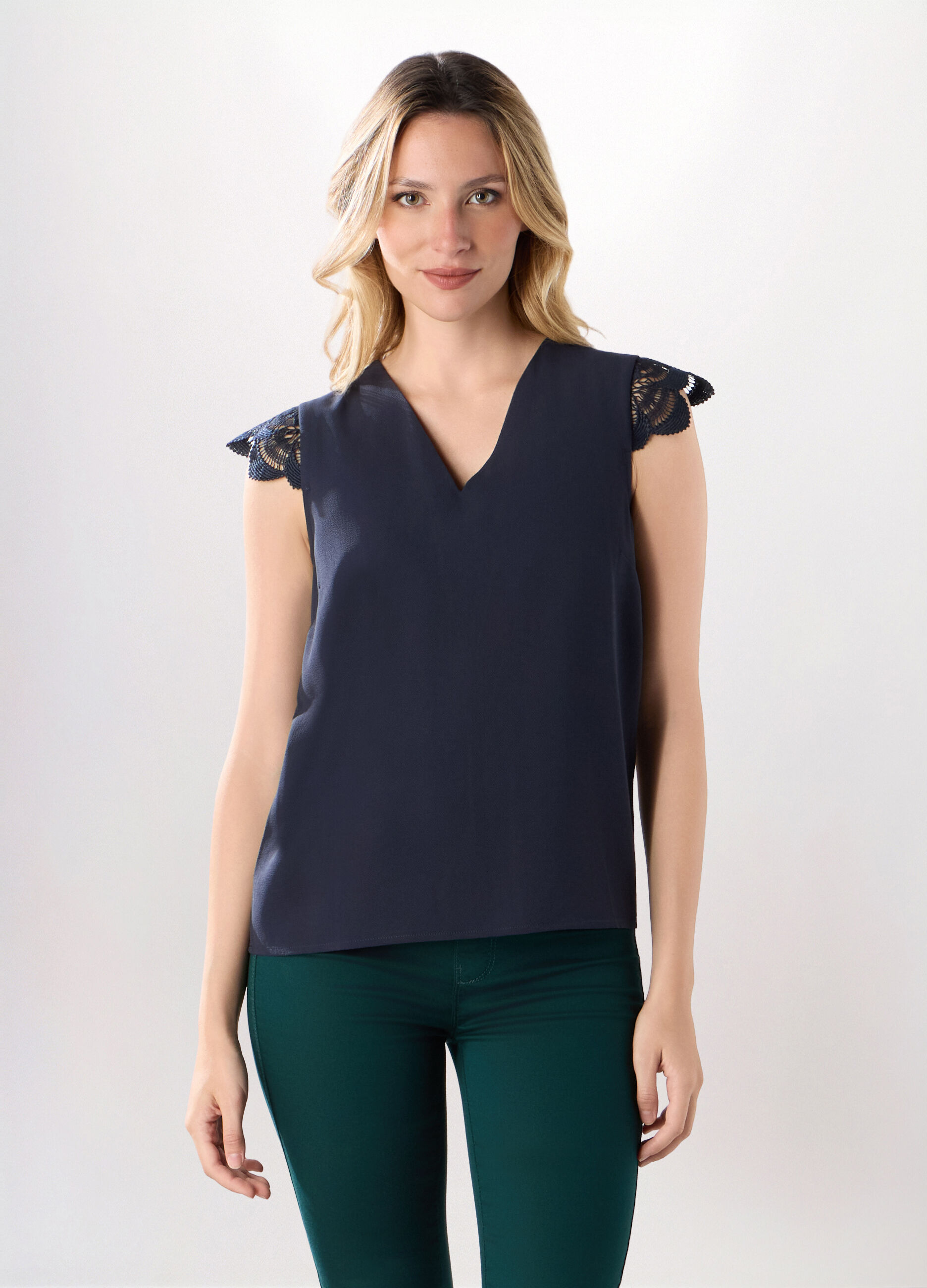 Blusa crepe con pizzo donna_0