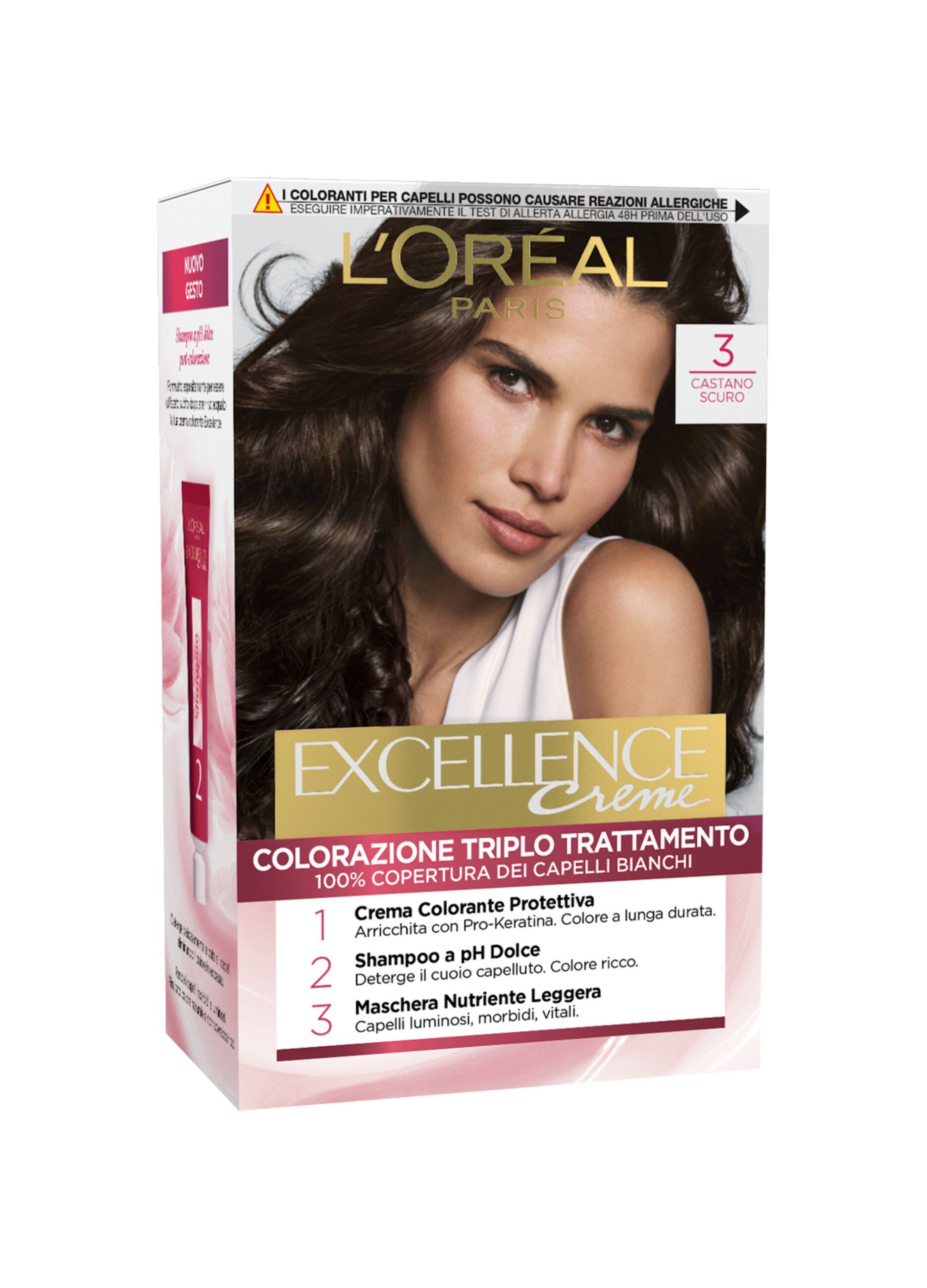 L'Oréal Paris Tinta Capelli Excellence, Copre i capelli bianchi, colore ricco, luminoso e a lunga durata, 3 Castano Scuro._0