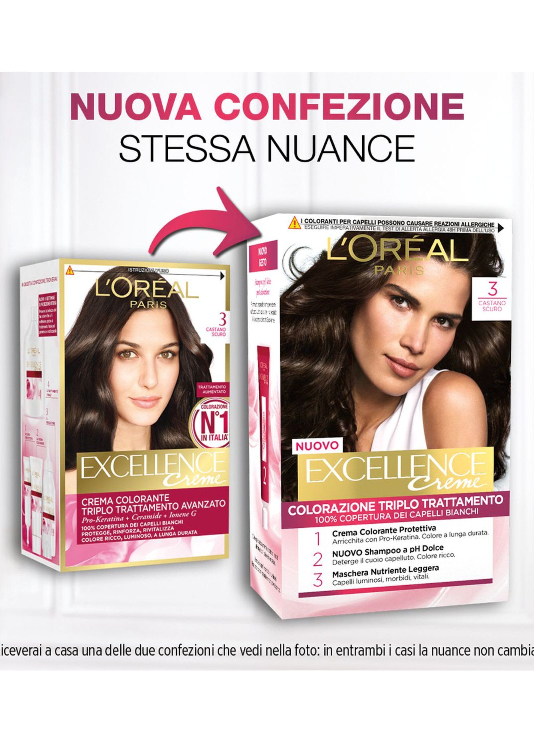 L'Oréal Paris Tinta Capelli Excellence, Copre i capelli bianchi, colore ricco, luminoso e a lunga durata, 3 Castano Scuro._2