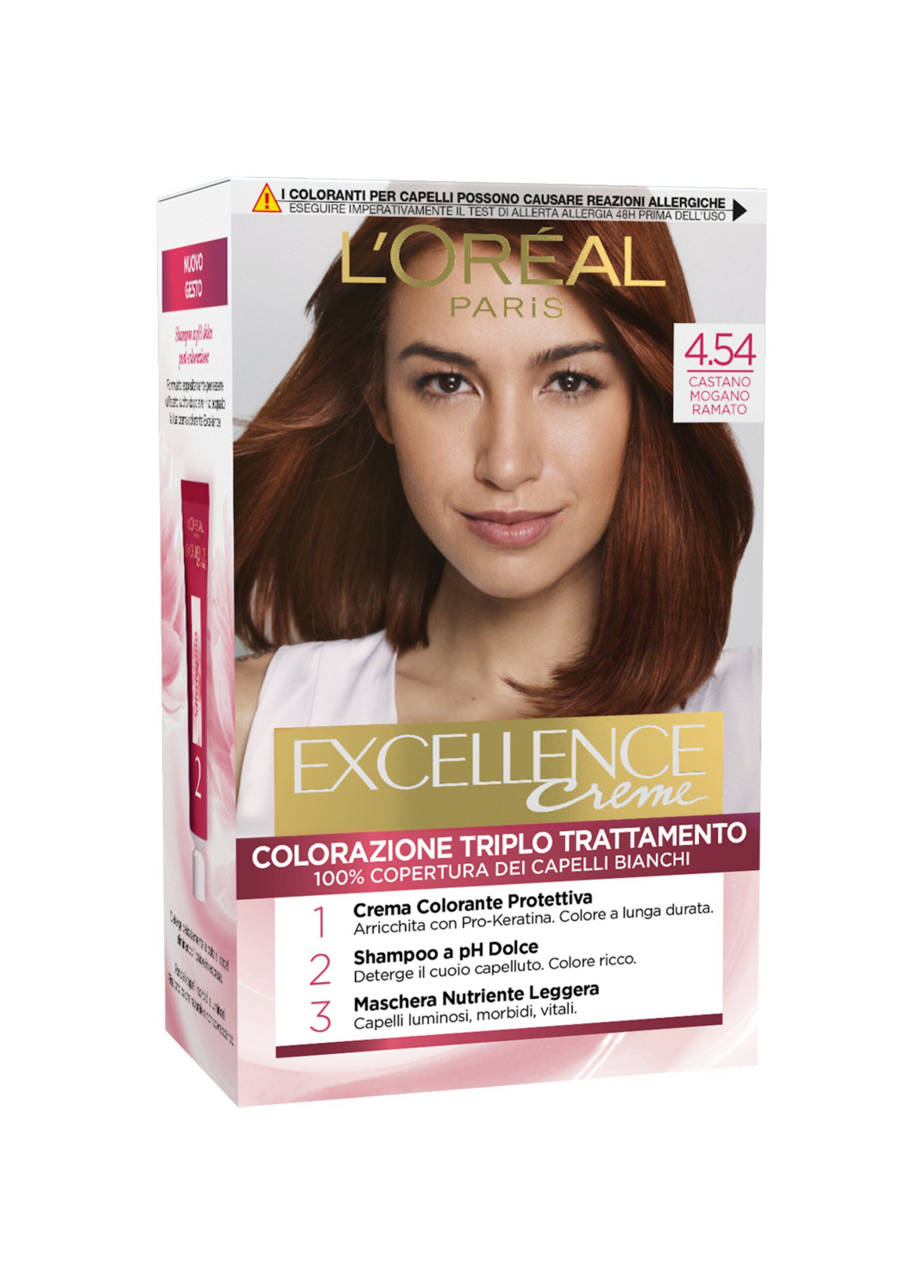 L'Oréal Paris Tinta Capelli Excellence, Copre i capelli bianchi, colore ricco, luminoso e a lunga durata, 4.54 Castano Mogano Ramato._0