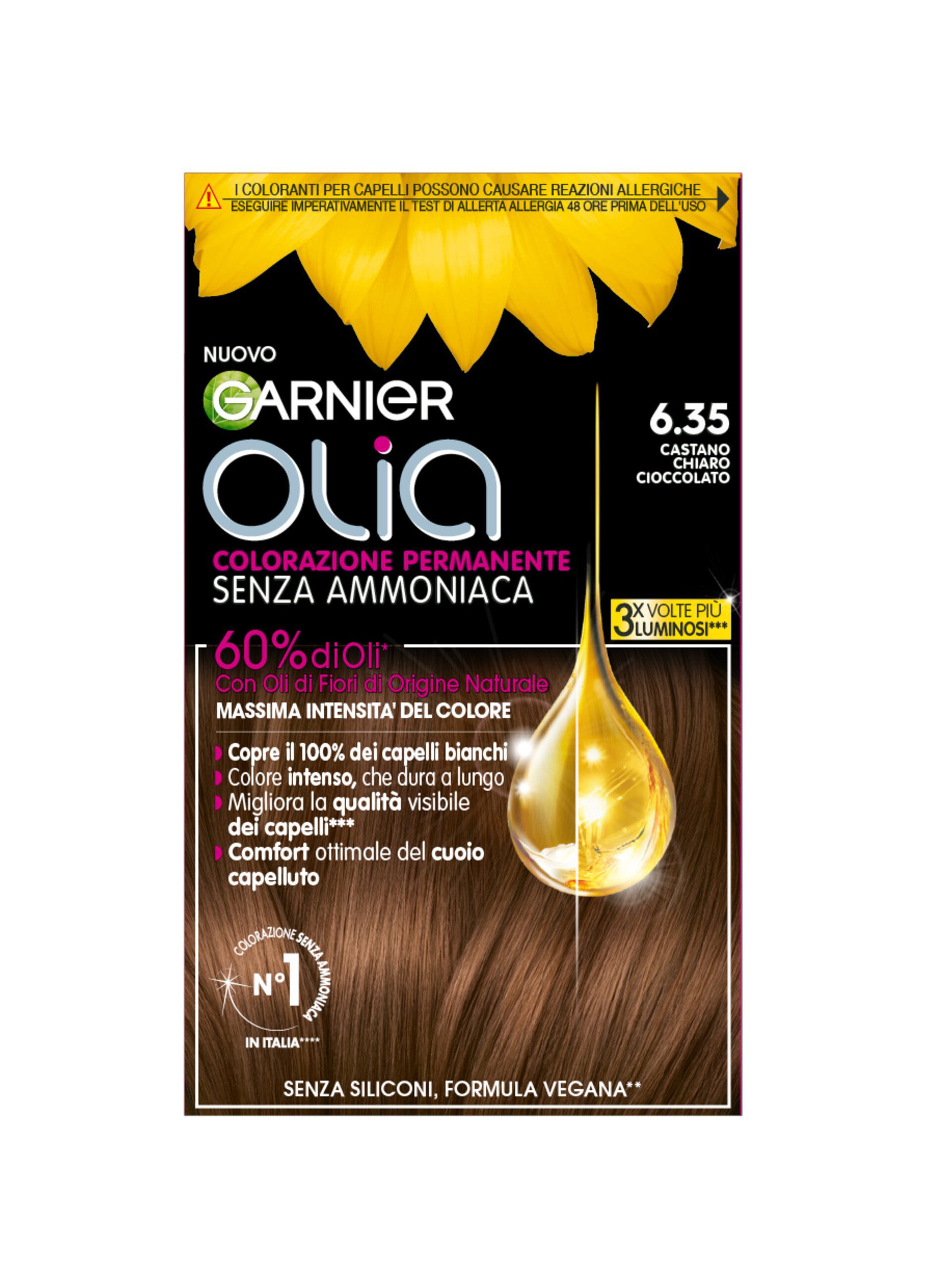 Garnier Tinta Capelli Olia, Colorazione permanente senza ammoniaca per una fragranza delicata, copre il 100% dei capelli bianchi, Con oli di fiori di origine naturale, Castano Chiaro Cioccolato (6.35)._0