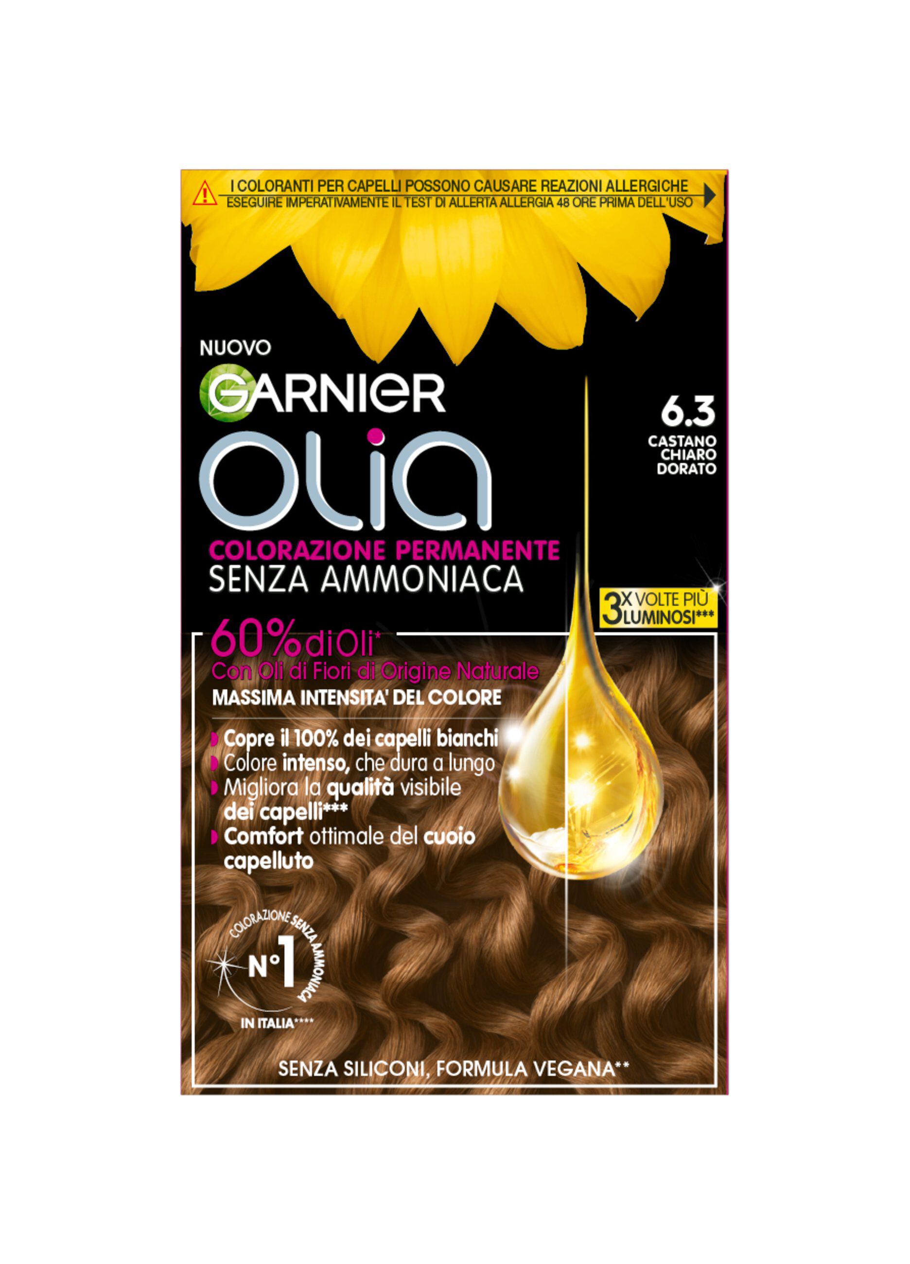 Garnier Tinta Capelli Olia, Colorazione permanente senza ammoniaca per una fragranza delicata, copre il 100% dei capelli bianchi, Con oli di fiori di origine naturale, Castano Chiaro Dorato (6.3)._0