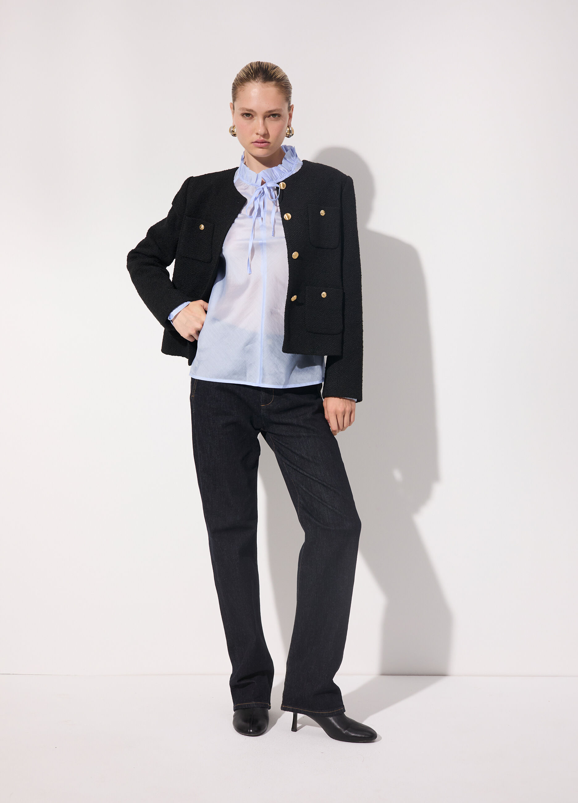 Blusa in misto lyocell con colletto ruffle donna_0