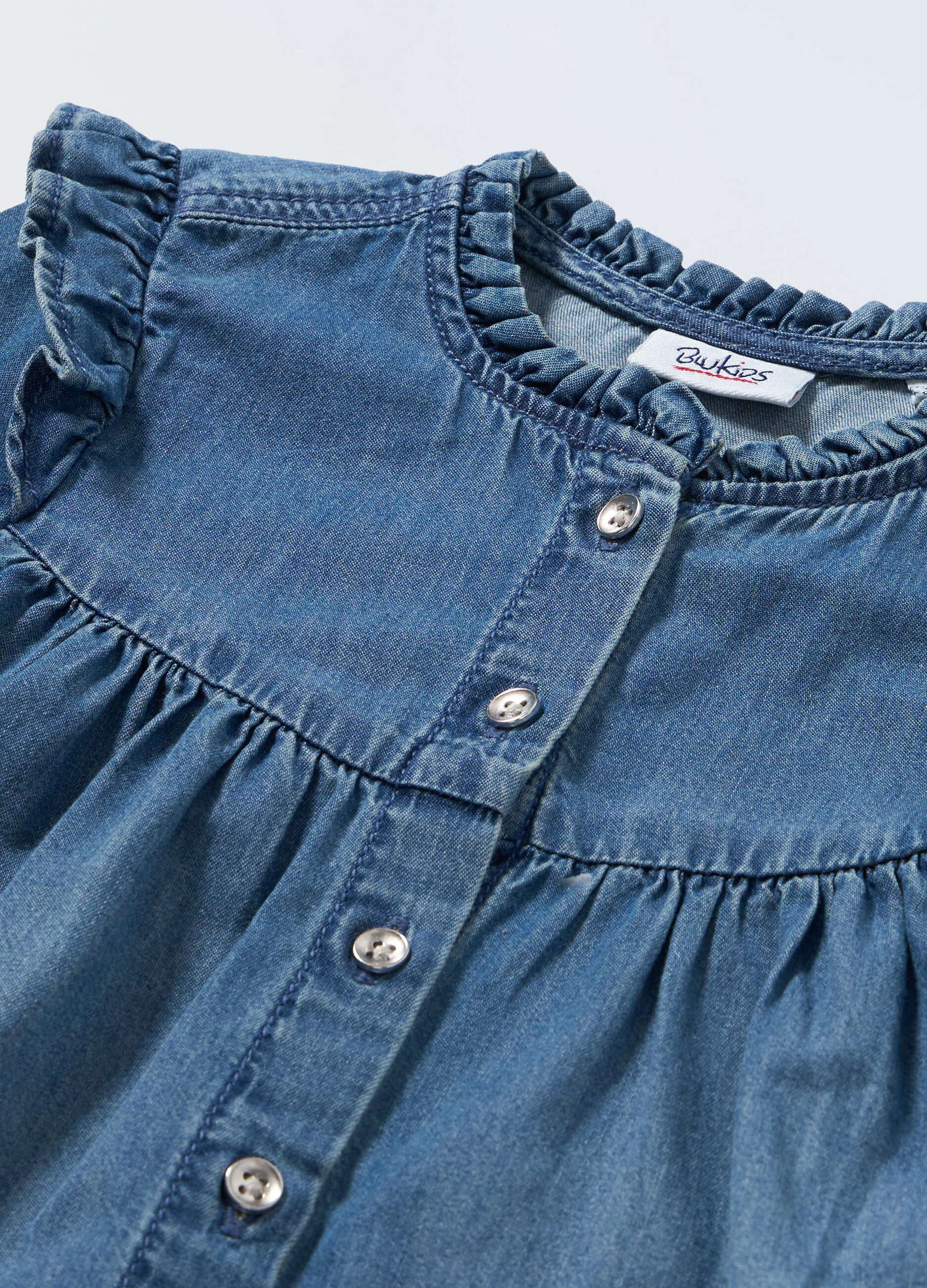 Camicia in denim di puro cotone con rouches neonata_1