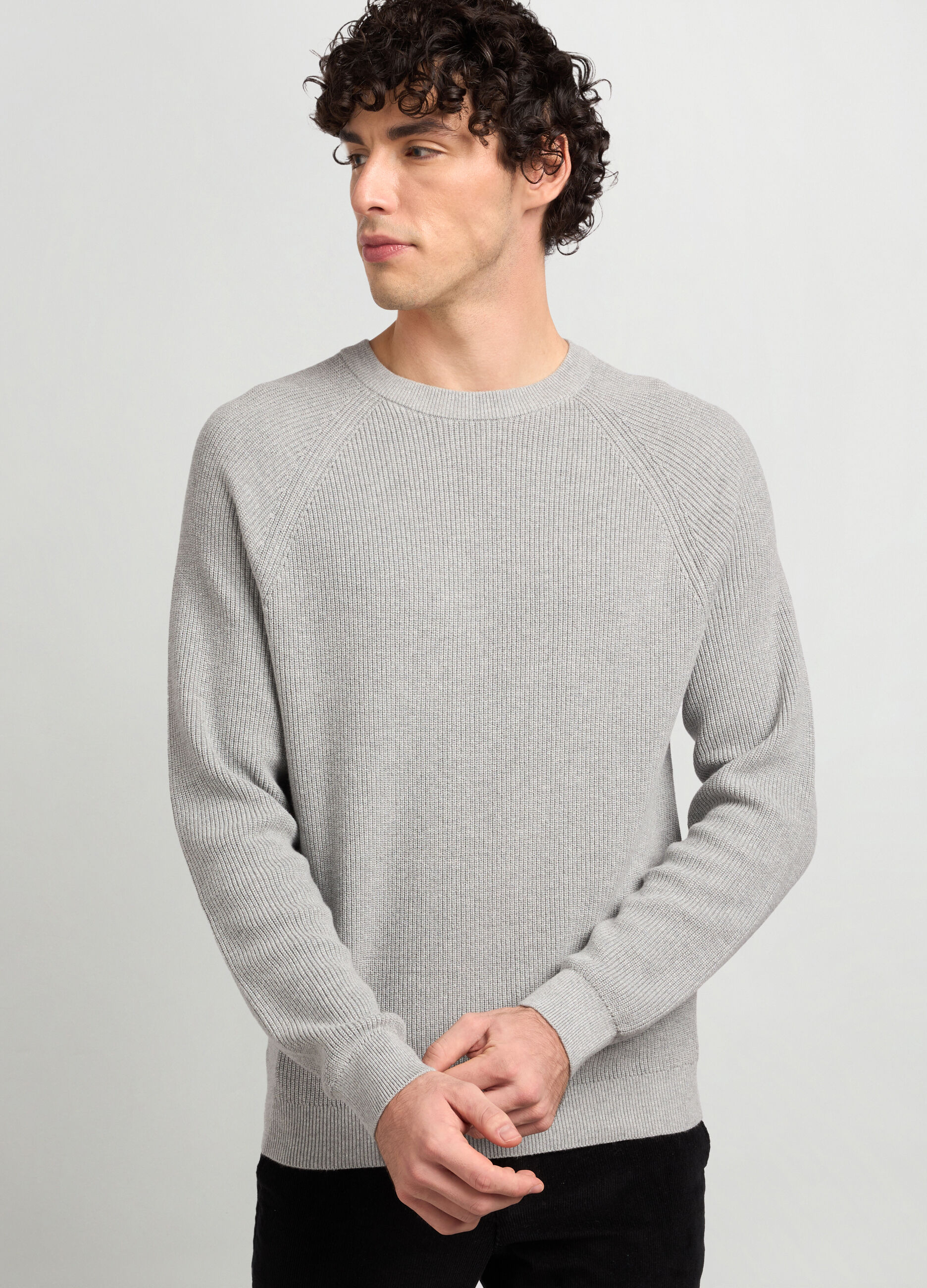 Maglione girocollo a costa inglese in puro cotone uomo_2